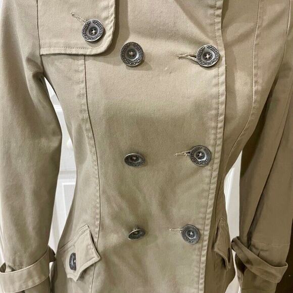 Y2K OAKLEY TRENCH COAT KHAKI SZ XS PEA COAT MILITARY STYLE VERSATILE AESTHETIC - Picture 7 of 16